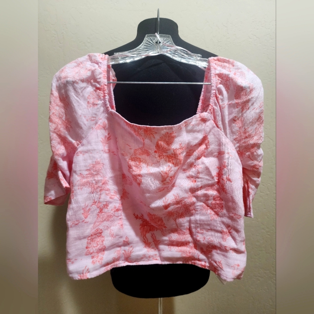 Cynthia Rowley Linen Crop Top Pink Square Neckline Peacock Print Ruched NWT L